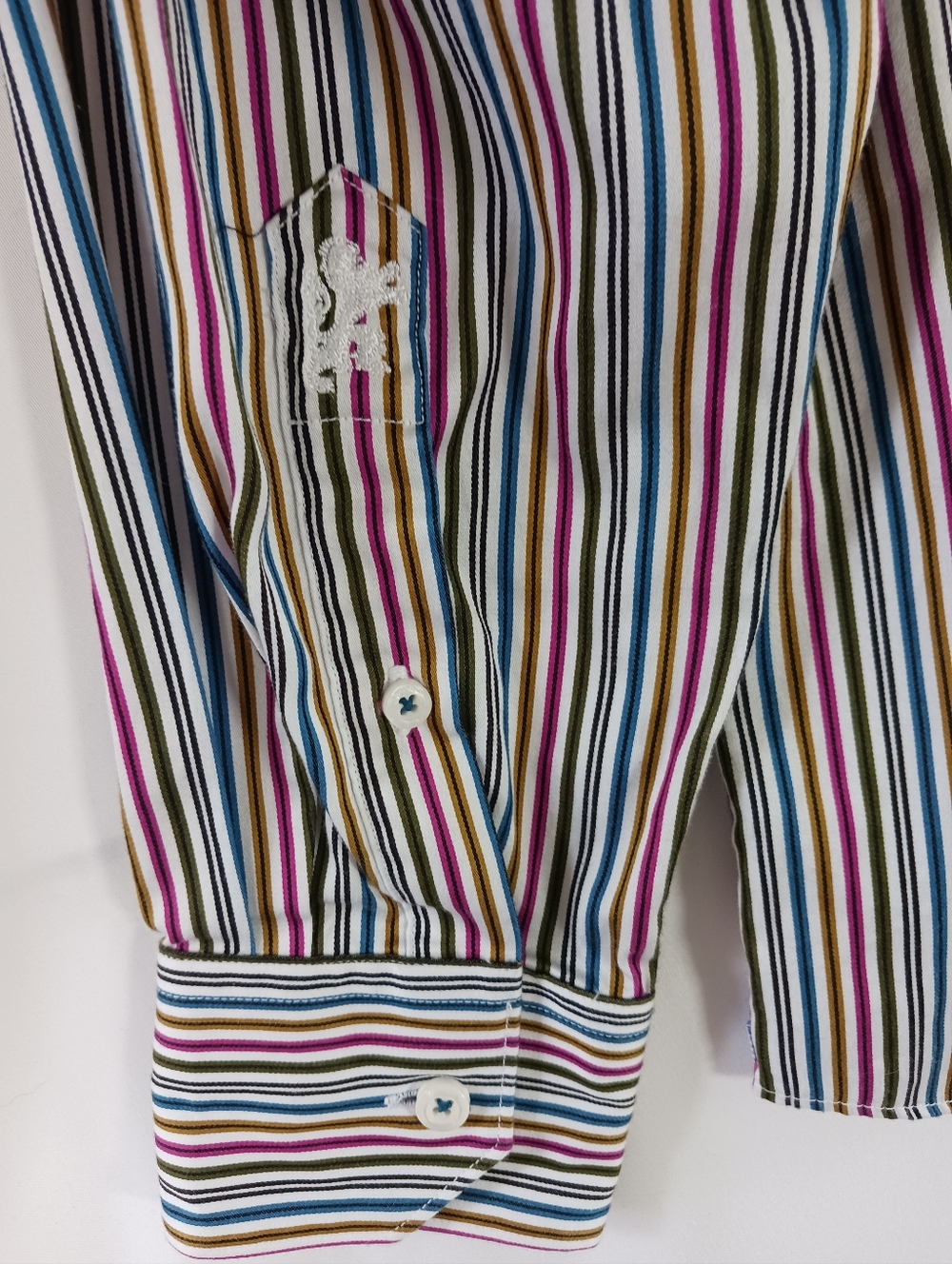 BUGATCHI UOMO Men's Striped Button Down Dress Shirt Gold Pink Green Blue Size M - Picture 8 of 12